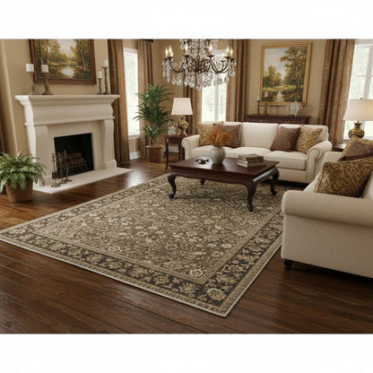 8' Brown Ivory And Tan Floral Medallion Washable Runner Rug