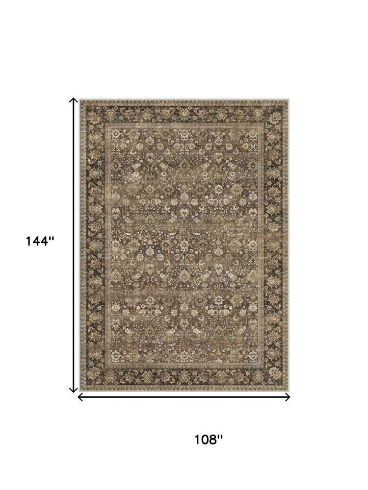 8' Brown Ivory And Tan Floral Medallion Washable Runner Rug