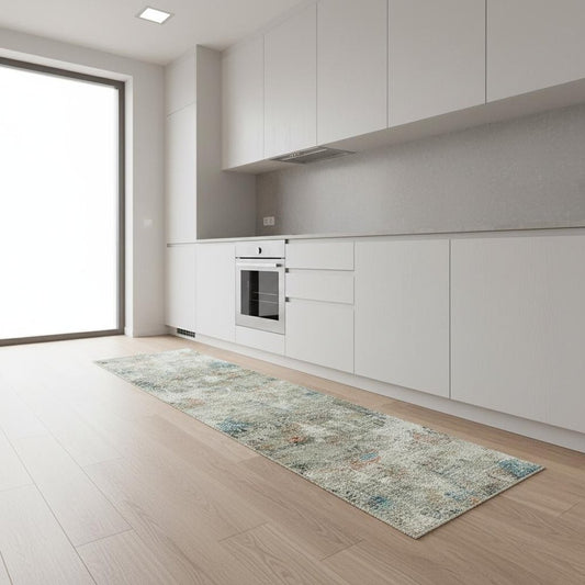 8' Ivory Light Green And Blue Abstract Washable Runner Rug