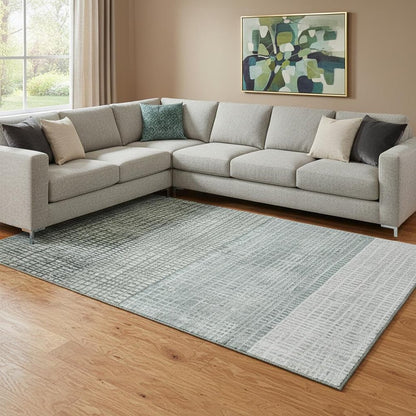 8' X 10' Aqua Ivory And Gray Geometric Washable Area Rug With UV Protection