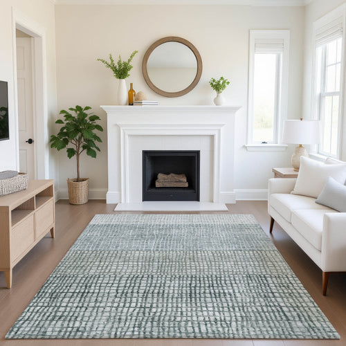 8' X 10' Aqua Ivory And Gray Geometric Washable Area Rug With UV Protection