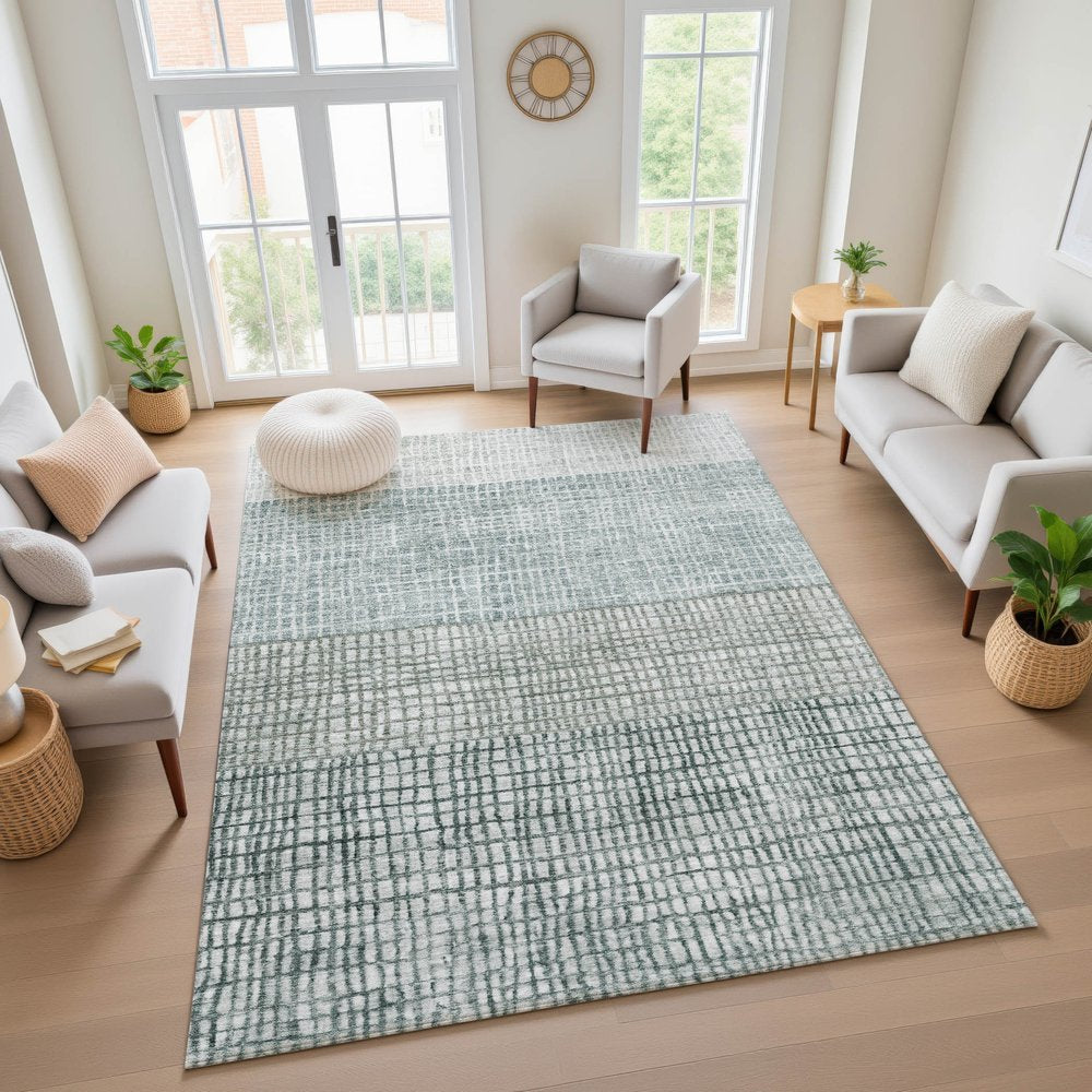 8' X 10' Aqua Ivory And Gray Geometric Washable Area Rug With UV Protection
