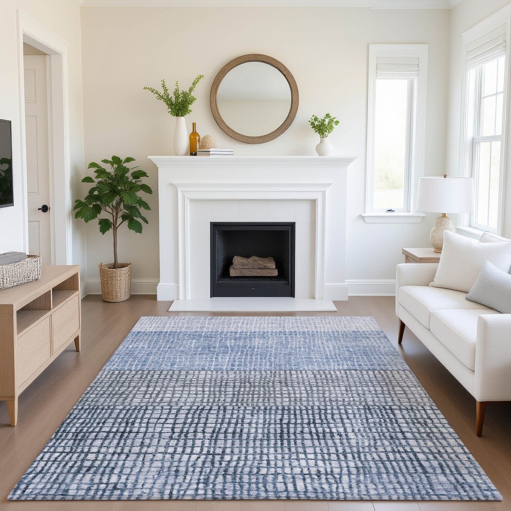 5' X 8' Blue And Gray Geometric Washable Area Rug With UV Protection
