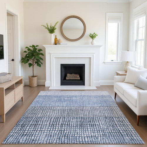 5' X 8' Blue And Gray Geometric Washable Area Rug With UV Protection