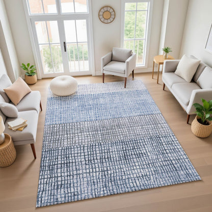 5' X 8' Blue And Gray Geometric Washable Area Rug With UV Protection