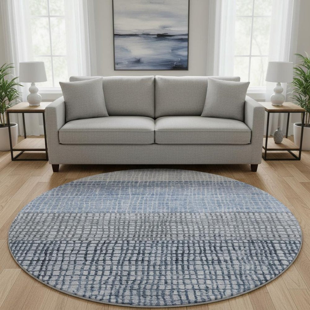 8' Blue And Gray Geometric Washable Round Rug With UV Protection