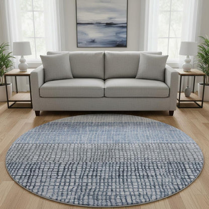 8' Blue And Gray Geometric Washable Round Rug With UV Protection