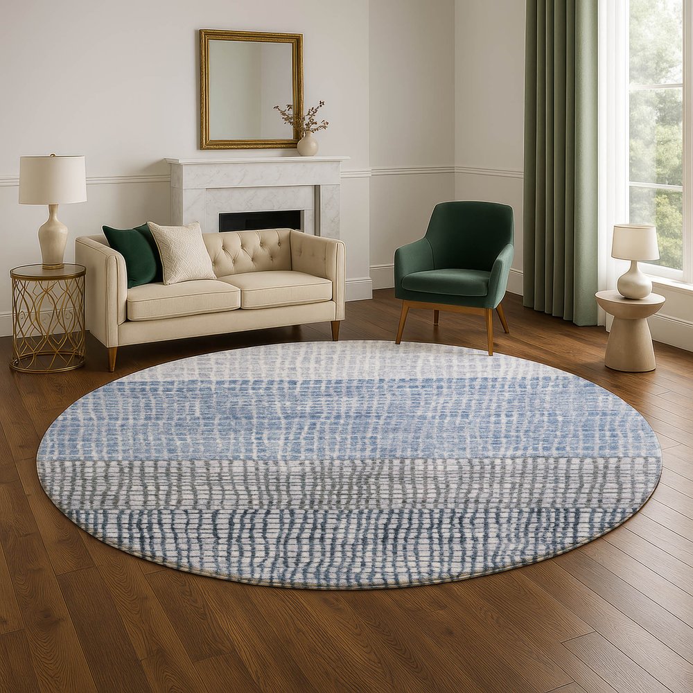8' Blue And Gray Geometric Washable Round Rug With UV Protection