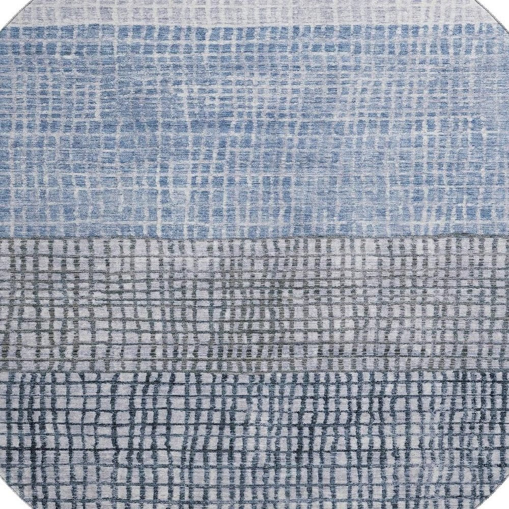8' Blue And Gray Geometric Washable Round Rug With UV Protection