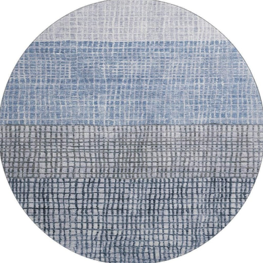 8' Blue And Gray Geometric Washable Round Rug With UV Protection