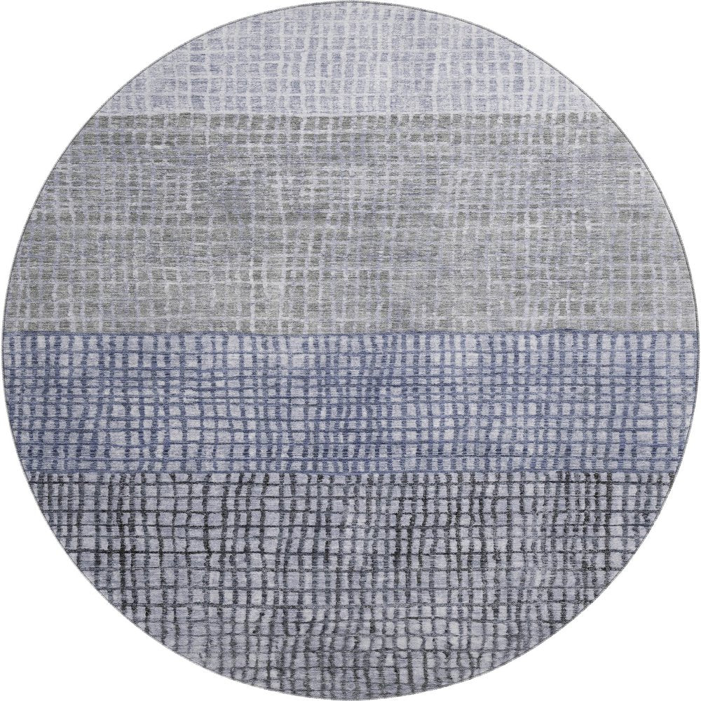 8' Denim Blue And Ivory Geometric Washable Round Rug With UV Protection