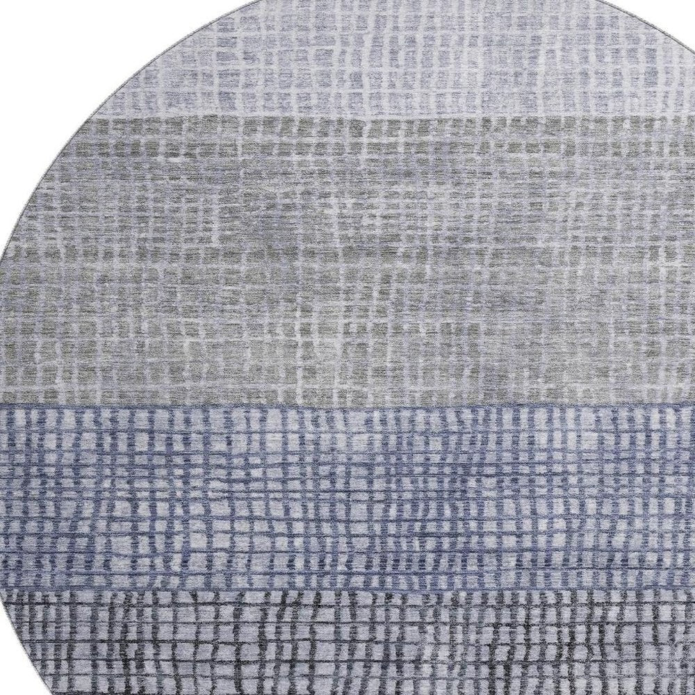 8' Denim Blue And Ivory Geometric Washable Round Rug With UV Protection