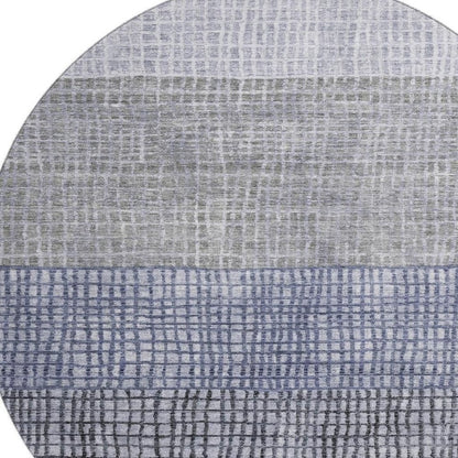 8' Denim Blue And Ivory Geometric Washable Round Rug With UV Protection