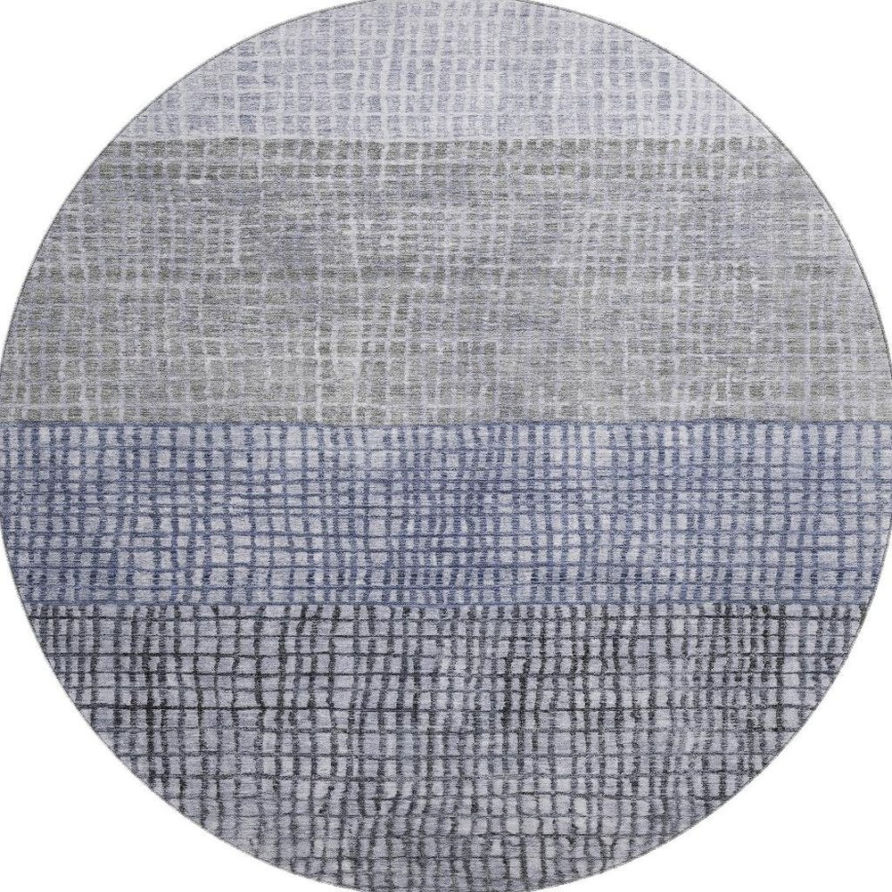 8' Denim Blue And Ivory Geometric Washable Round Rug With UV Protection