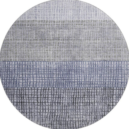 8' Denim Blue And Ivory Geometric Washable Round Rug With UV Protection