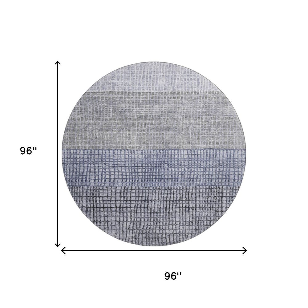 8' Denim Blue And Ivory Geometric Washable Round Rug With UV Protection