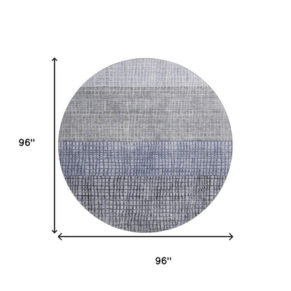 8' Denim Blue And Ivory Geometric Washable Round Rug With UV Protection