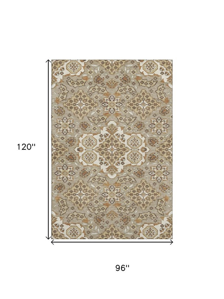 8' X 10' Taupe And Beige Floral Medallion Washable Area Rug With UV Protection
