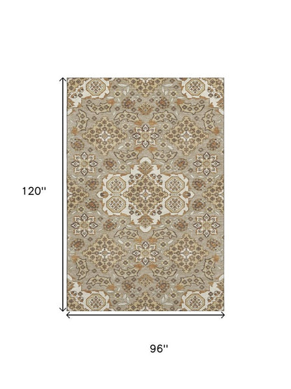 8' X 10' Taupe And Beige Floral Medallion Washable Area Rug With UV Protection
