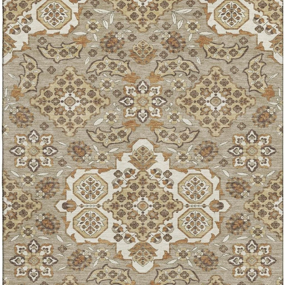 8' X 10' Taupe And Beige Floral Medallion Washable Area Rug With UV Protection