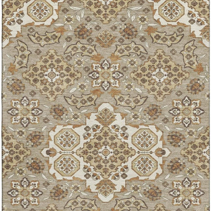 8' X 10' Taupe And Beige Floral Medallion Washable Area Rug With UV Protection