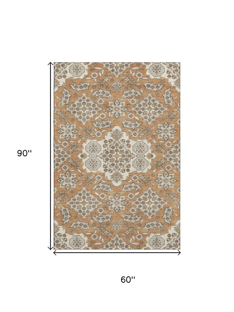 5' X 8' Terra Cotta And Beige Floral Medallion Washable Area Rug With UV Protection