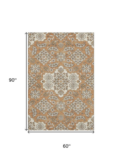 5' X 8' Terra Cotta And Beige Floral Medallion Washable Area Rug With UV Protection