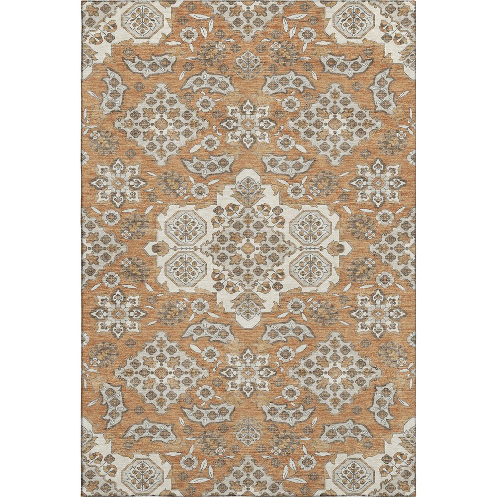 5' X 8' Terra Cotta And Beige Floral Medallion Washable Area Rug With UV Protection