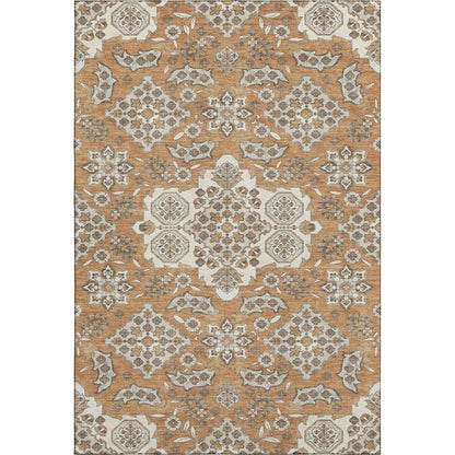 5' X 8' Terra Cotta And Beige Floral Medallion Washable Area Rug With UV Protection