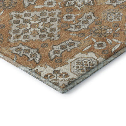 5' X 8' Terra Cotta And Beige Floral Medallion Washable Area Rug With UV Protection