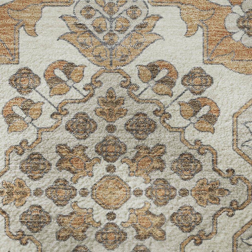 5' X 8' Terra Cotta And Beige Floral Medallion Washable Area Rug With UV Protection