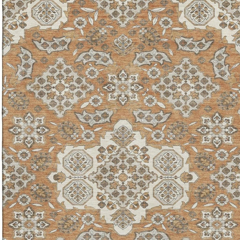 5' X 8' Terra Cotta And Beige Floral Medallion Washable Area Rug With UV Protection