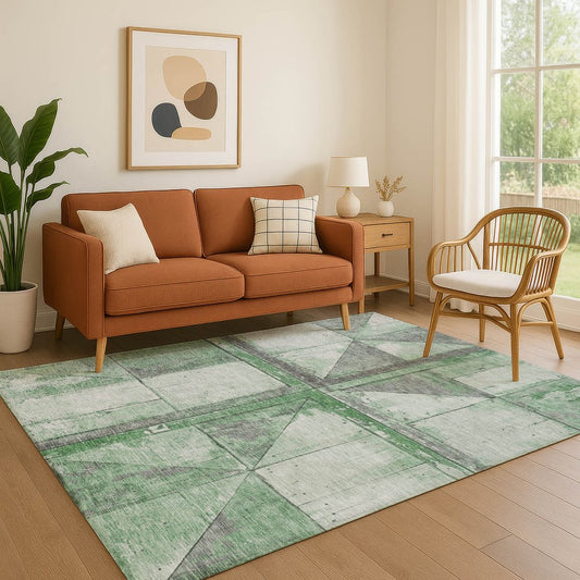 5' X 8' Green And Gray Geometric Washable Area Rug With UV Protection