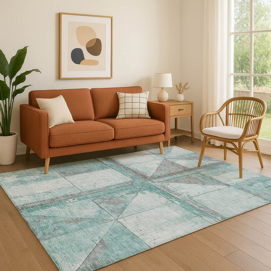 8' X 10' Teal And Gray Geometric Washable Area Rug With UV Protection