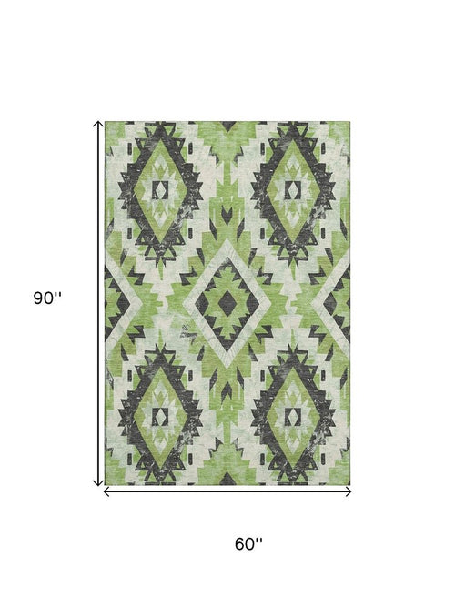 5' X 8' Artichoke Green Charcoal And Ivory Southwestern Washable Area Rug With UV Protection