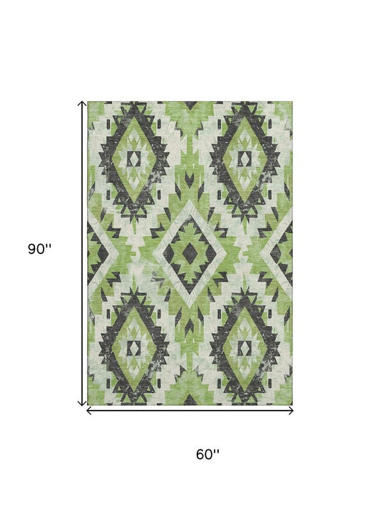 5' X 8' Artichoke Green Charcoal And Ivory Southwestern Washable Area Rug With UV Protection