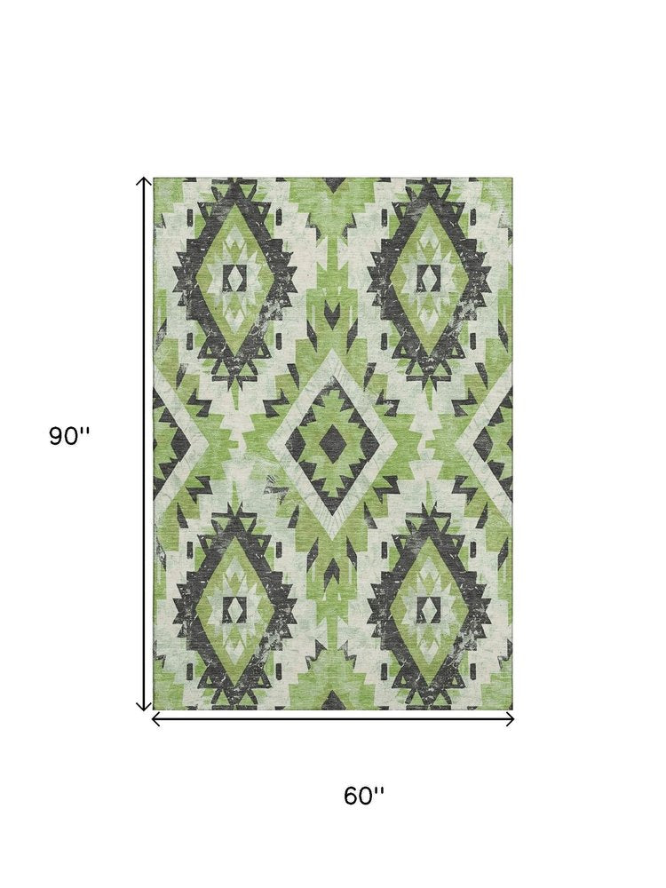 5' X 8' Artichoke Green Charcoal And Ivory Southwestern Washable Area Rug With UV Protection
