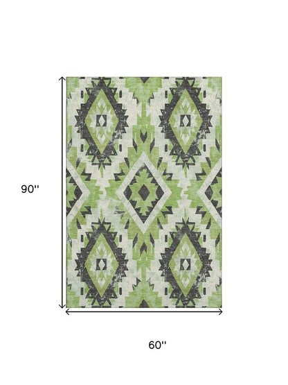 5' X 8' Artichoke Green Charcoal And Ivory Southwestern Washable Area Rug With UV Protection