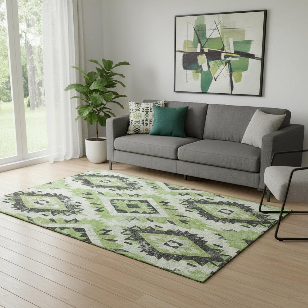 5' X 8' Artichoke Green Charcoal And Ivory Southwestern Washable Area Rug With UV Protection