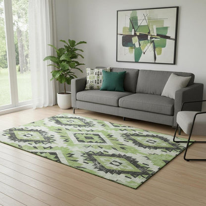5' X 8' Artichoke Green Charcoal And Ivory Southwestern Washable Area Rug With UV Protection