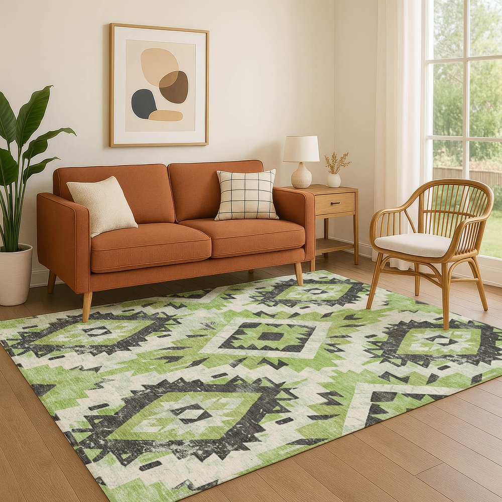 5' X 8' Artichoke Green Charcoal And Ivory Southwestern Washable Area Rug With UV Protection