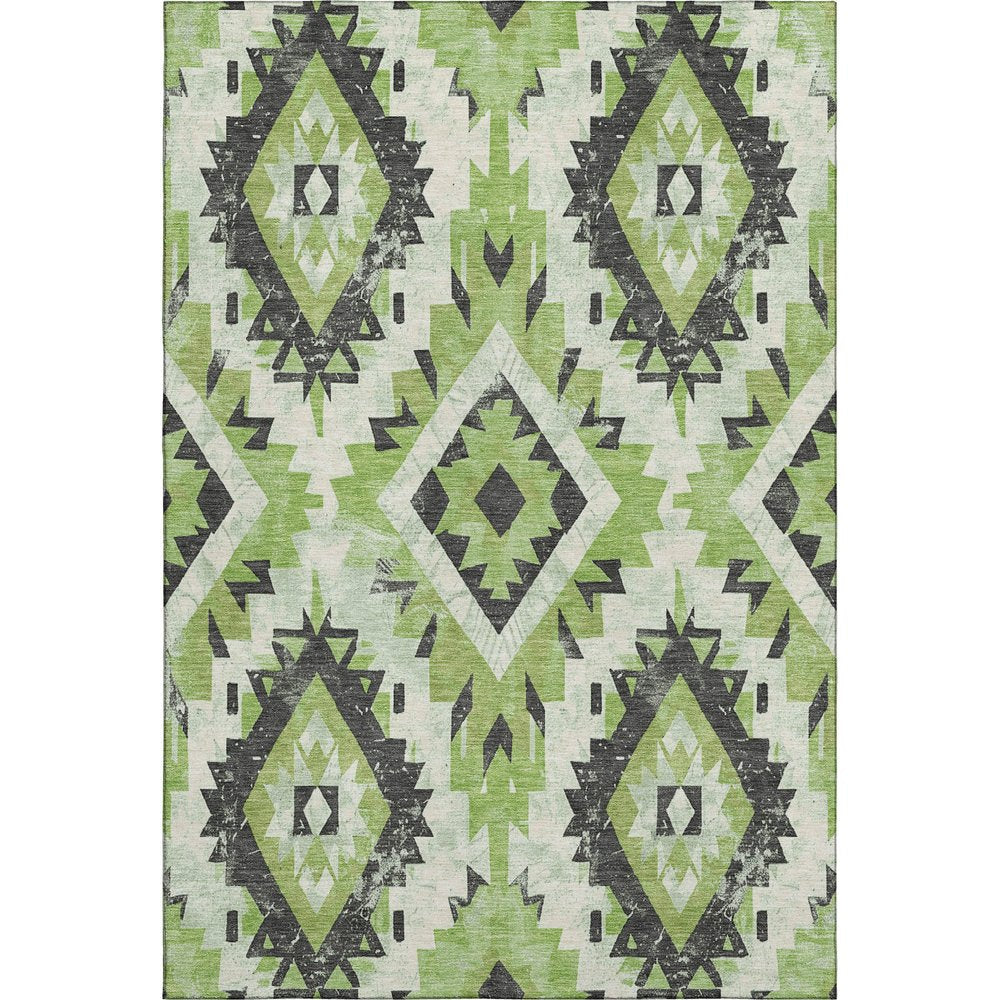 5' X 8' Artichoke Green Charcoal And Ivory Southwestern Washable Area Rug With UV Protection
