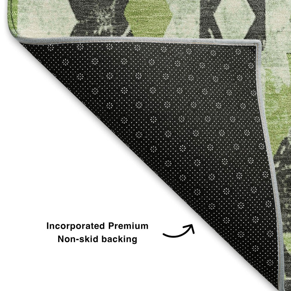 5' X 8' Artichoke Green Charcoal And Ivory Southwestern Washable Area Rug With UV Protection