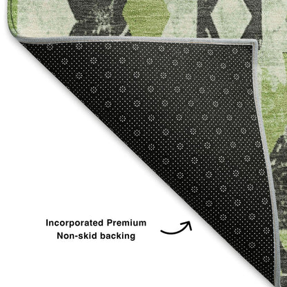 5' X 8' Artichoke Green Charcoal And Ivory Southwestern Washable Area Rug With UV Protection