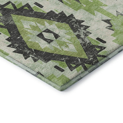 5' X 8' Artichoke Green Charcoal And Ivory Southwestern Washable Area Rug With UV Protection