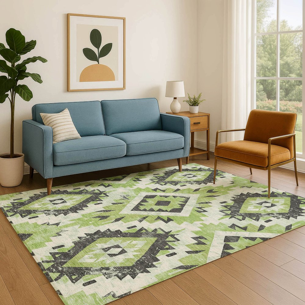 5' X 8' Artichoke Green Charcoal And Ivory Southwestern Washable Area Rug With UV Protection