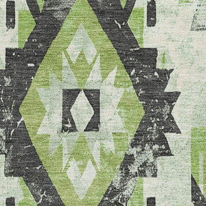 5' X 8' Artichoke Green Charcoal And Ivory Southwestern Washable Area Rug With UV Protection