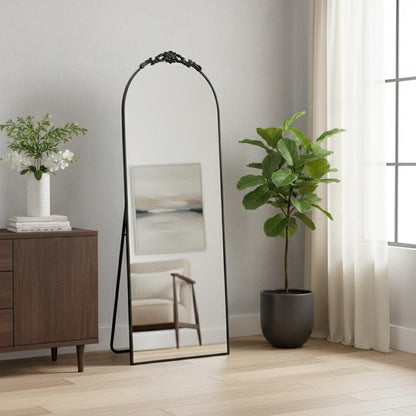 Black Aluminum Arch Freestanding Ornate Framed Accent Mirror
