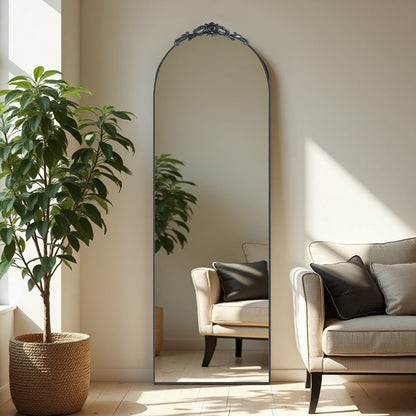 Black Aluminum Arch Freestanding Ornate Framed Accent Mirror