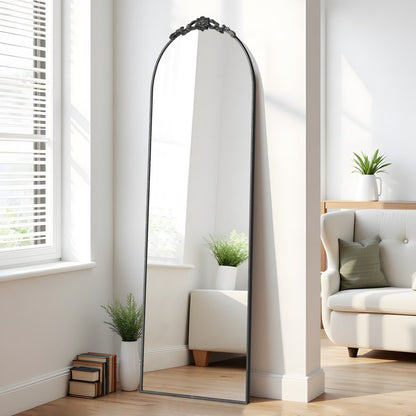 Black Aluminum Arch Freestanding Ornate Framed Accent Mirror